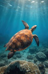 Obraz premium Sea turtle glides through clear blue ocean water. Sunlight streams down illuminating vibrant coral reef below. Underwater scene captures marine life in natural habitat, perfect for themes of nature