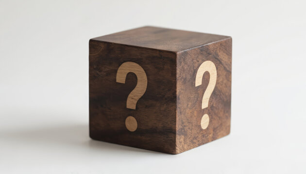Handcrafted wooden cube features carved question mark symbols, inquiry, curiosity, creative thinking. Smooth, natural wood texture, modern, minimalistic design make elegant decor object representing - Powered by Adobe