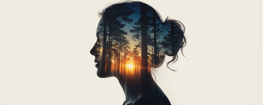 Double exposure silhouette woman profile with pine forest at sunset. Nature scene inside head represents inner peace, mental health and well-being. Sun rays break through trees.