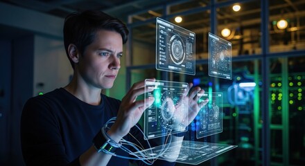Female engineer interacting with holographic data in a server room