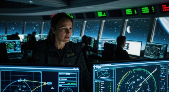 Female commander on spaceship bridge in a mission control room - Powered by Adobe