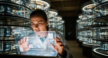 Scientist working on holographic interface in a futuristic data center