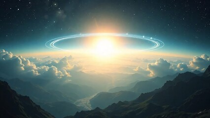 Sunrise over a misty mountain landscape with a fiery sky and a holographic circle around the sun