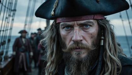 Fototapeta premium Bearded pirate captain stands on ship deck at dramatic twilight sea. Intense crew members visible in background. Aged, historical maritime scene evokes adventure and exploration.