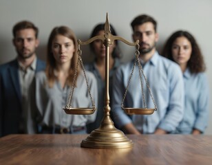 Scales of justice on wooden table with diverse group of people in background. Represents fairness, equality, inclusion, democracy, legal decision-making in justice system. Law, court, civil rights.