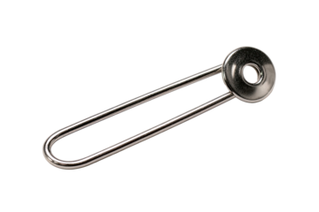 Polished metal loop with circular top.  A long, thin,  oval-shaped metal object.  A circular,  smooth metal cap is attached to one end.  The metal has a reflective,  stainless steel sheen