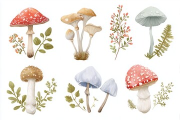 set of watercolor mushrooms isolated on white background