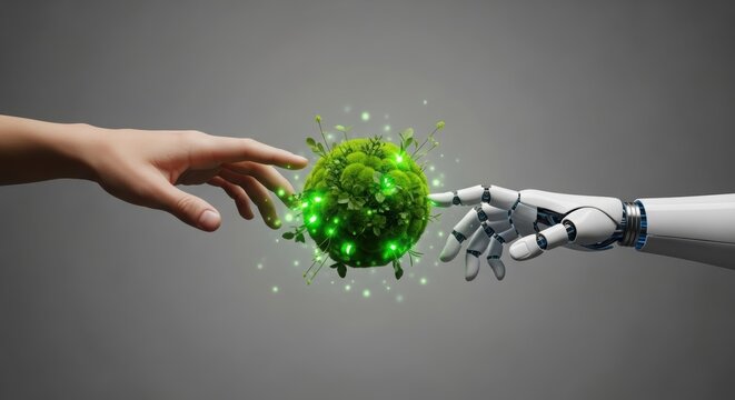 Human and robot hands reaching out to a glowing green sphere of energy