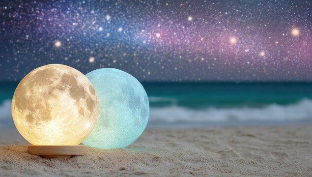 Two illuminated moon lamps on a sandy beach at night, under a starry sky - Powered by Adobe