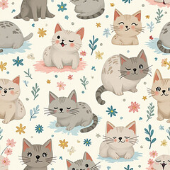 Fabric pattern background, white cat, orange tabby cat, flowers, pink flowers, orange cat, floral cat Generative AI