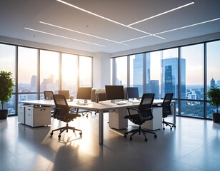 Modern Office Space: Panoramic City View, Sunrise