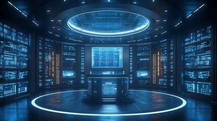 Futuristic neon blue server room with central console and data displays