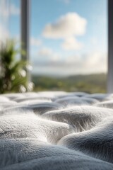 Close-up of a pristine, white mattress, soft texture,  blurry view of  green hills and blue sky beyond