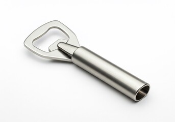 Sleek stainless steel bottle opener with cylindrical handle on white background