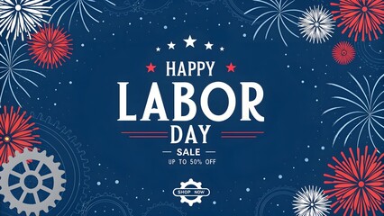 Happy labor day celebration with fireworks and gears