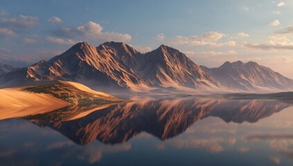 Serene mountain landscape mirrored in a tranquil lake at sunrise.