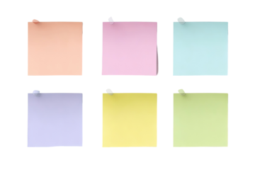 Six pastel-colored sticky notes, pinned