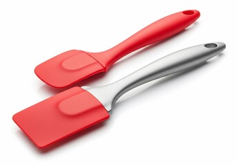 Obraz premium Two kitchen spatulas, one red silicone, one silver metal, on a white background