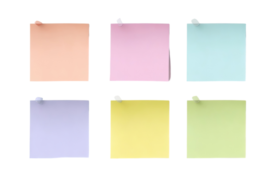 Six pastel-colored sticky notes, pinned