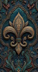 Ornate fleur-de-lis design, rich colors and textures