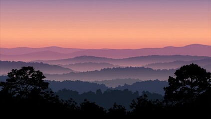 Misty mountain range at sunrise