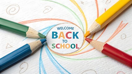 Colorful pencils forming welcome back to school message on drawing paper
