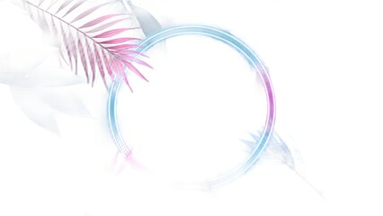 tropical leaves circle frame with pink blue neon lights round frame on transparent background,png cosmetics and beauty sale design element.