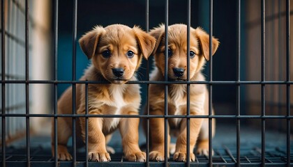 Two adorable puppies behind bars