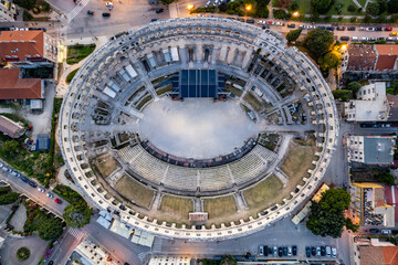 Pula Arena aerial photo during sunset panorama