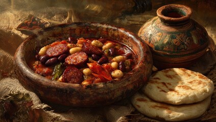Hearty stew in rustic bowl, alongside flatbreads