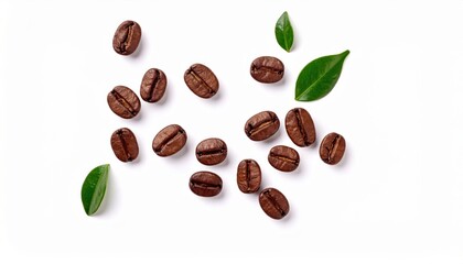 Naklejka premium Fresh Coffee Beans and Green Leaves Arranged Aesthetically on Clean White Background Evoking Calmness