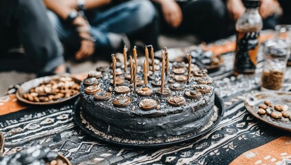 Dark chocolate cake with candles on a picnic blanket