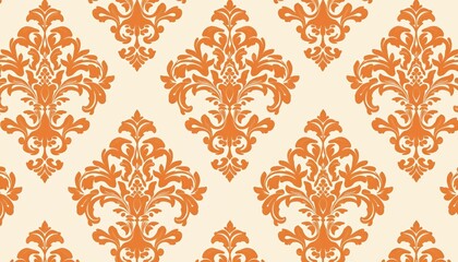 Seamless orange damask pattern on beige background. Features ornate, floral, vintage classic design with royal elegant swirls, scrolls. Detailed intricate repeating textile, fabric print for