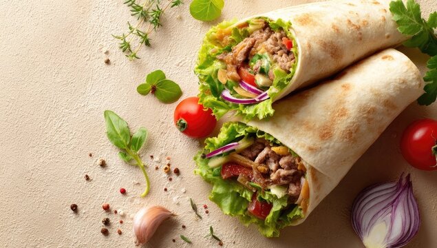 Two tuna burritos, halved, with fresh vegetables