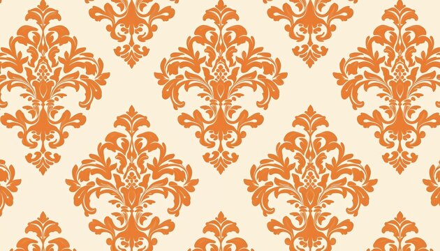 Fototapeta Seamless orange damask pattern on beige background. Features ornate, floral, vintage classic design with royal elegant swirls, scrolls. Detailed intricate repeating textile, fabric print for