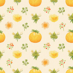 Fabric pattern background orange, flowers, fruit, yellow, leaves Generative AI