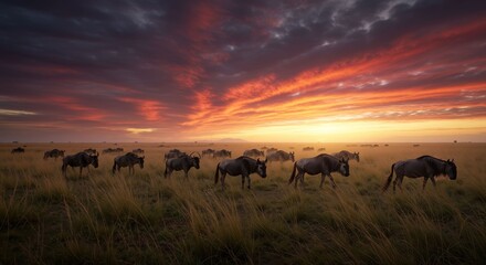 Wildebeest migration across African savanna at sunset with dramatic sky