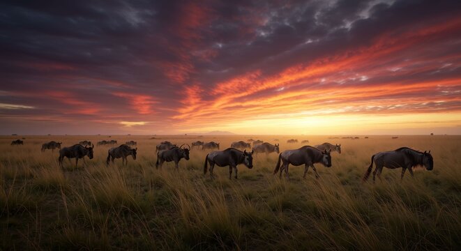 Wildebeest migration across African savanna at sunset with dramatic sky