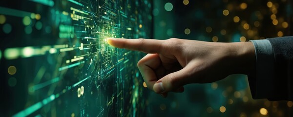 Man hand touches glowing digital interface. Future technology concept, artificial intelligence, cyber connection, data stream. Man interacts with virtual network, innovation, AI future.