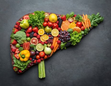 Fresh fruits, vegetables arranged in shape of human liver, nutrition, detox. Vibrant display features berries, citrus, leafy greens, carrots, broccoli, promoting healthy eating, well-being. - Powered by Adobe