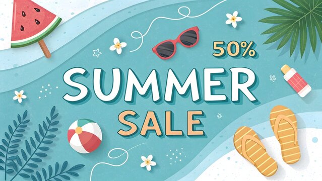 Summer sale 50 percent off with beach accessories