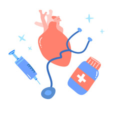 Heart health concept with anatomical heart, stethoscope, medicine bottle, and syringe decorated with stars. Vector flat illustration. Symbol of cardiology, treatment, and medical heart care.