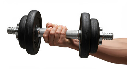 Hand holding dumbbell with weight plates on isolated white background