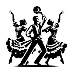 Black and white silhouette vector of a gypsy dance on white background  