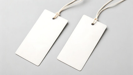 Two blank white rectangular paper price tags with light colored strings attached isolated on a neutral grey background