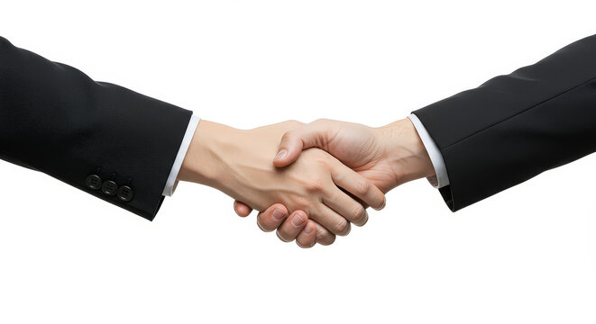 Business handshake symbolizing agreement and partnership on white background