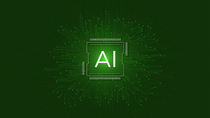 A close up of an AI chip on a circuit board with glowing green particles on a dark green background, Circuit board electronic technology background, Abstract Artificial intelligence concept.