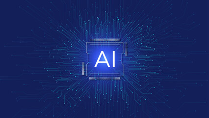 A close up of an AI chip on a circuit board with glowing blue particles on a dark blue background, Circuit board electronic technology background, Abstract Artificial intelligence concept.