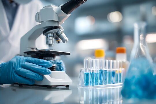 Scientist examining blue liquid under microscope in laboratory.