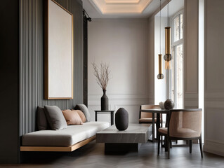 Fototapeta premium Aesthetic beautiful elegant modern luxury interior design. Clear mock up empty wall for decoration in the apartment, painting frame. Copy space in the room.